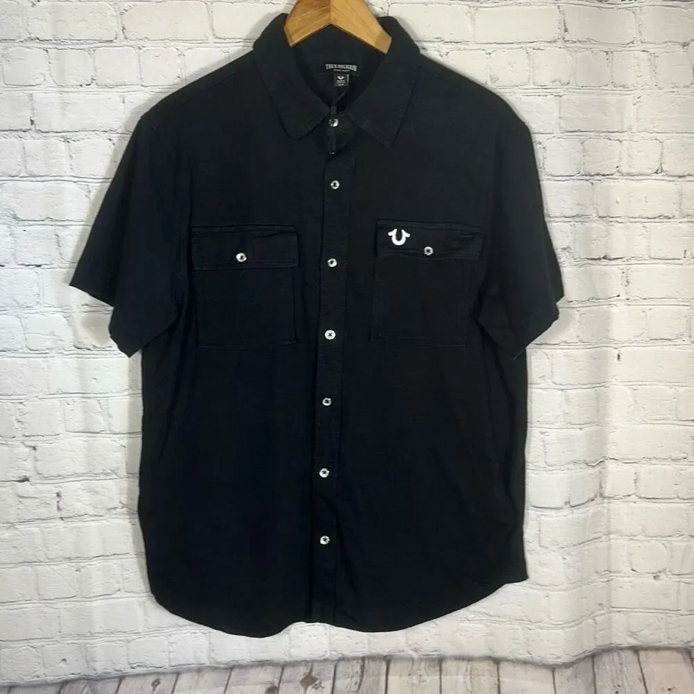 True Religion Polo Shirt Mens Medium Black Triple Needle Knit SS Short Sleeve‎